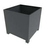 large empty metal cube shaped planter with large feet coated in anthracite grey